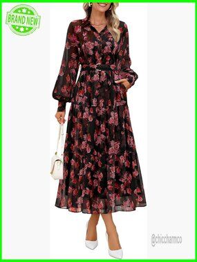 Long Sleeve Maxi Dress with Button Front and Belt, Chiffon Fabric, Casual Boho